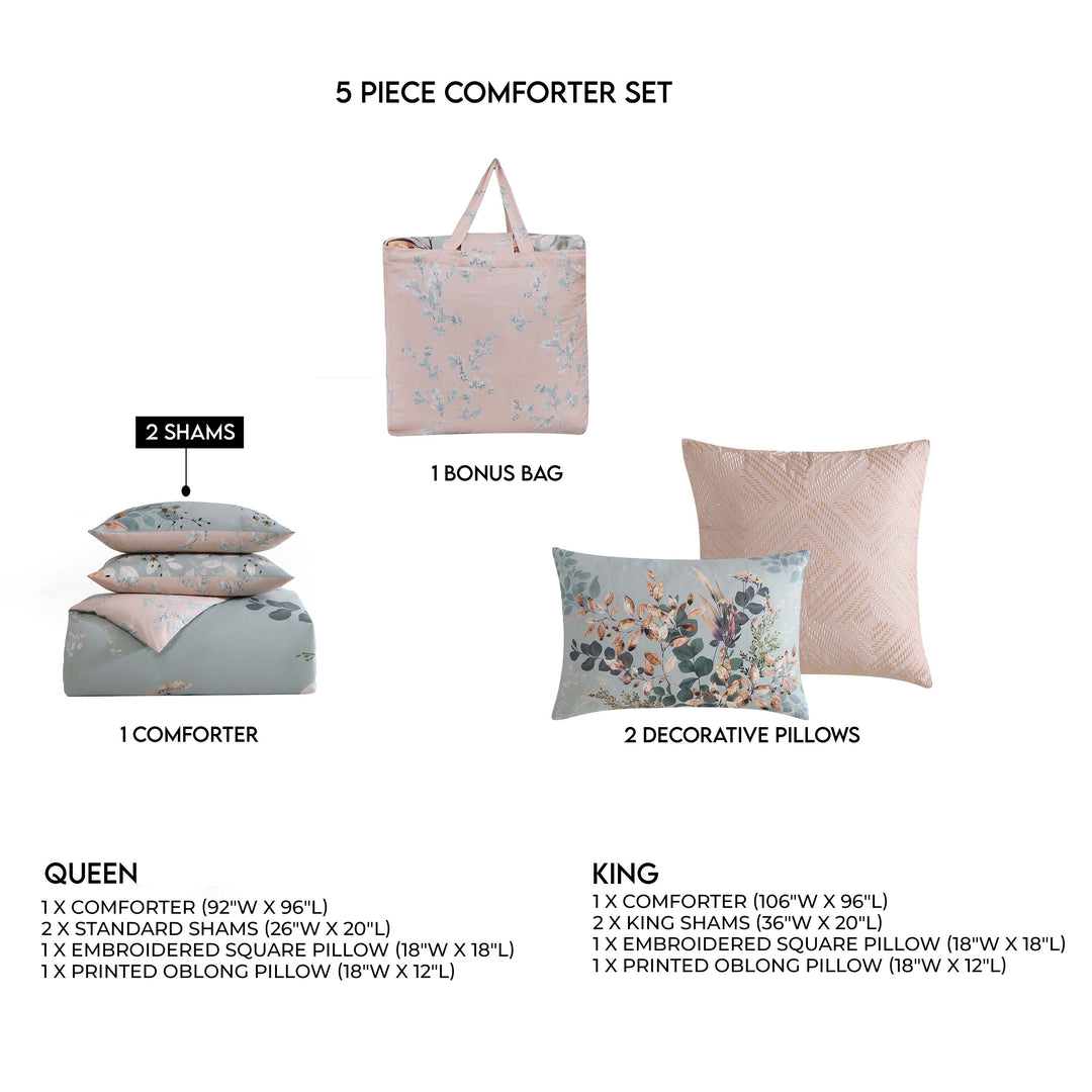 Bebejan Peach Leaves on Sage 100% Cotton 5-Piece Reversible Comforter Set Comforter Sets By Bebejan®
