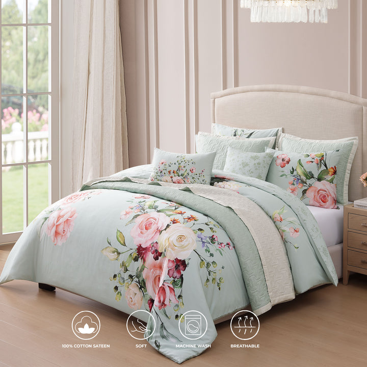 Bebejan Rose on Misty Green 8 Piece Reversible Comforter & Coverlet Set Comforter Sets By Bebejan®