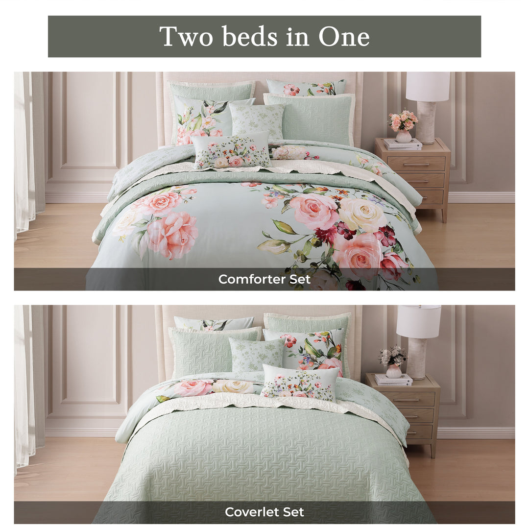 Bebejan Rose on Misty Green 8 Piece Reversible Comforter & Coverlet Set Comforter Sets By Bebejan®