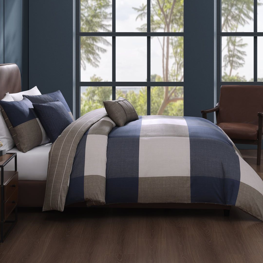Bebejan Checkered Navy Tan 5 Piece Reversible Comforter Set Comforter Sets By Bebejan®