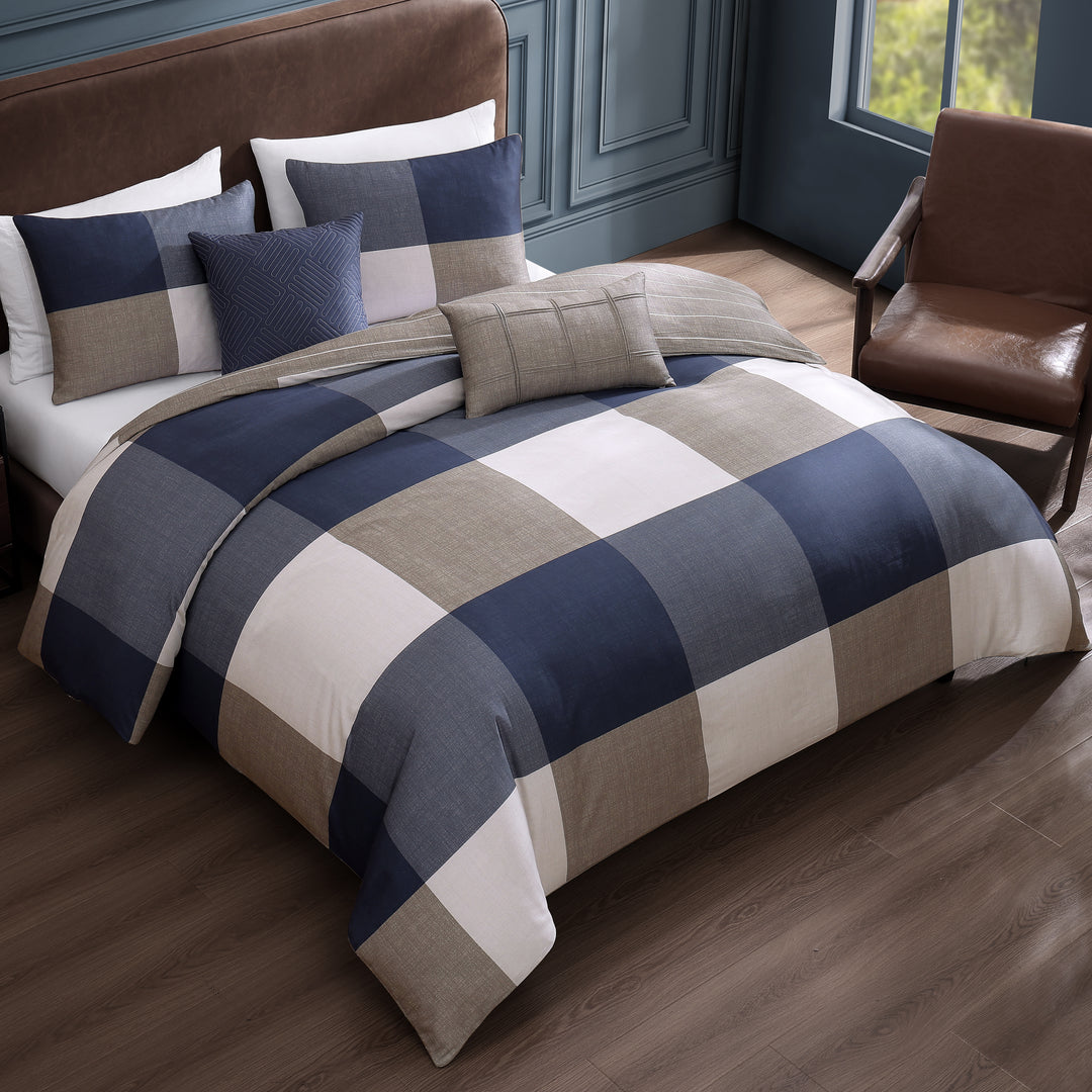 Bebejan Checkered Navy Tan 5 Piece Reversible Comforter Set Comforter Sets By Bebejan®