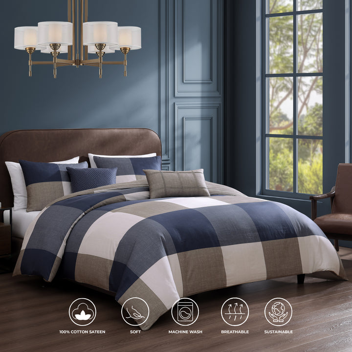 Bebejan Checkered Navy Tan 5 Piece Reversible Comforter Set Comforter Sets By Bebejan®