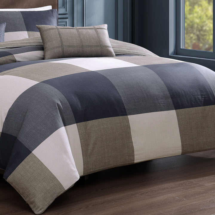 Bebejan Checkered Navy Tan 5 Piece Reversible Comforter Set