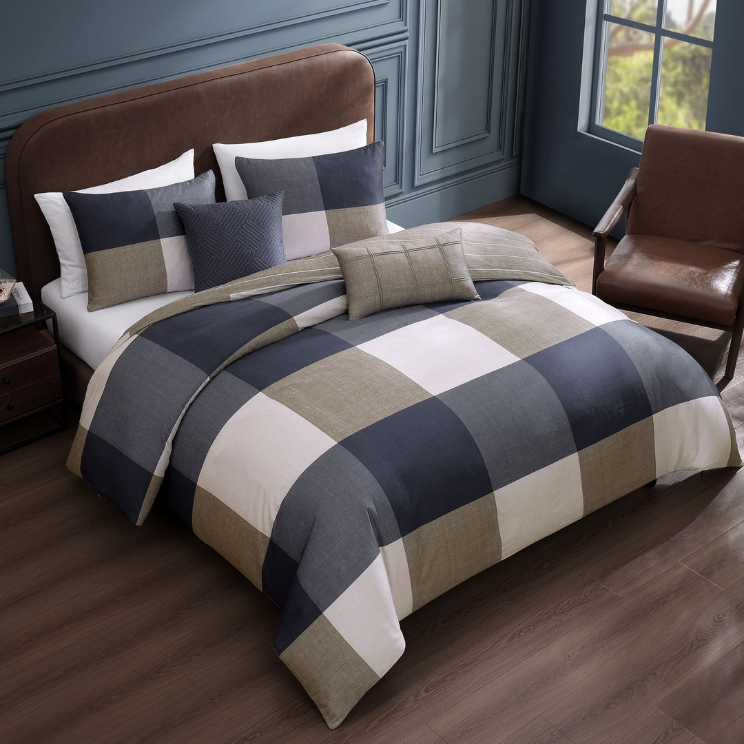 Bebejan Checkered Navy Tan 5 Piece Reversible Comforter Set