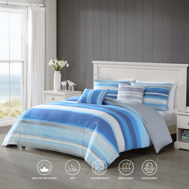 Bebejan Coastal Stripe 200 Thread Count 100% Cotton Sateen 5 Piece Reversible Comforter Set Comforter Sets By Bebejan®
