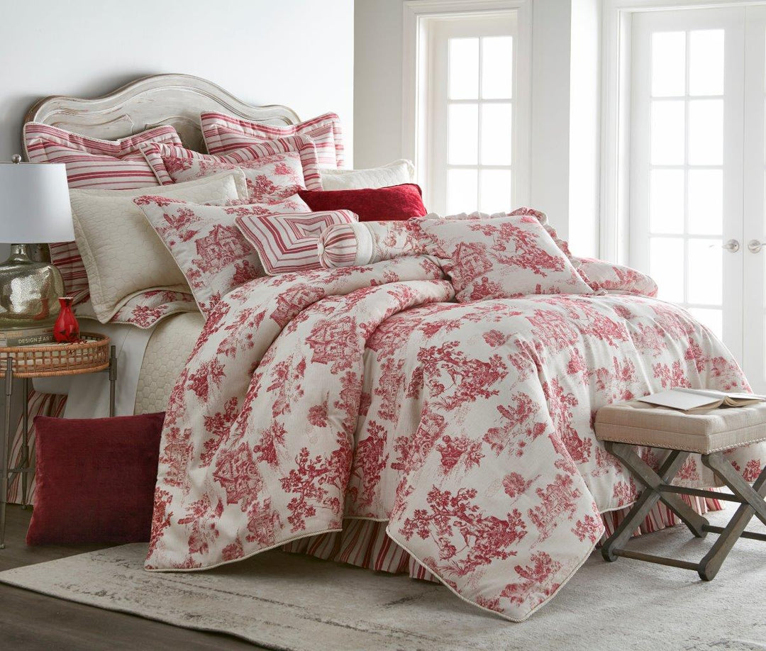 Austin Horn Olivia Quido Cosmopolitan Toile Red 3 Piece Luxury Comforter Set Comforter Sets By Pacific Coast Home Furnishings