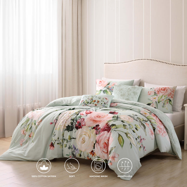 Bebejan Rose on Misty Green 5 Piece Reversible Comforter Set Comforter Sets By Bebejan®