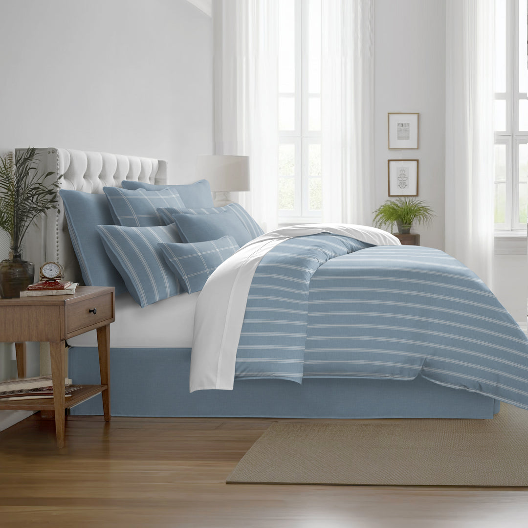 Shay Broad Tic Stripe Cornflower Blue 8 Piece Comforter Set Comforter Sets By Colcha Linens