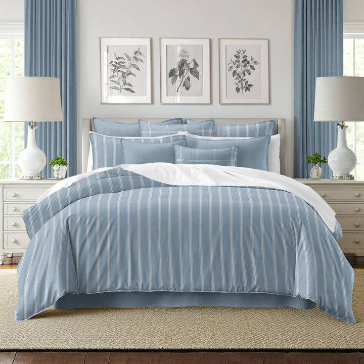 Shay Broad Tic Stripe Cornflower Blue 8 Piece Comforter Set Comforter Sets By Colcha Linens