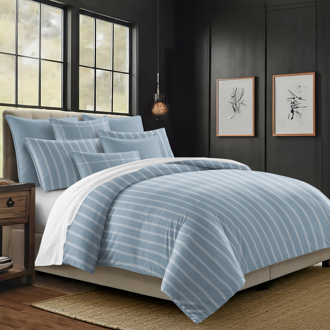 Shay Broad Tic Stripe Cornflower Blue 8 Piece Duvet Cover Set Duvet Covers By Colcha Linens