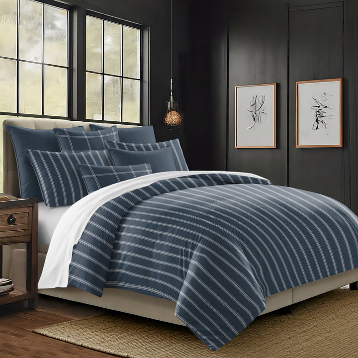 Shay Broad Tic Stripe Dark Denim 8 Piece Comforter Set Comforter Sets By Colcha Linens