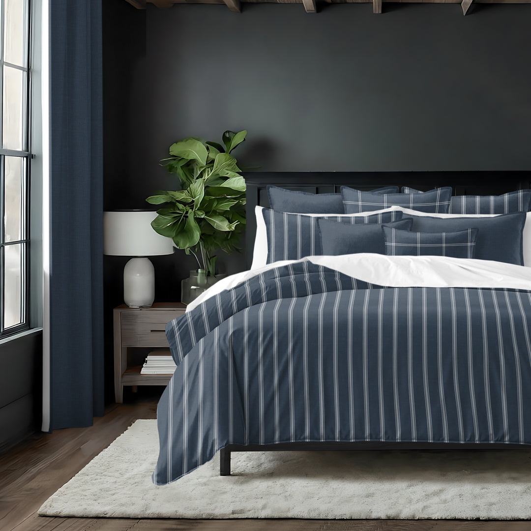 Shay Broad Tic Stripe Dark Denim 8 Piece Duvet Cover Set Duvet Covers By Colcha Linens