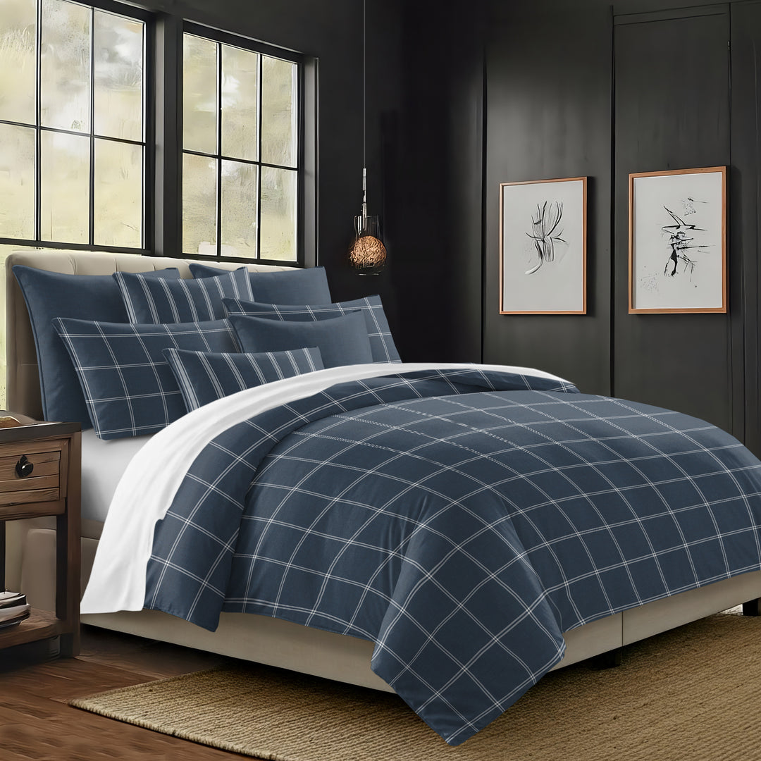 Shay Window Pane Dark Denim 8 Piece Duvet Cover Set Duvet Covers By Colcha Linens