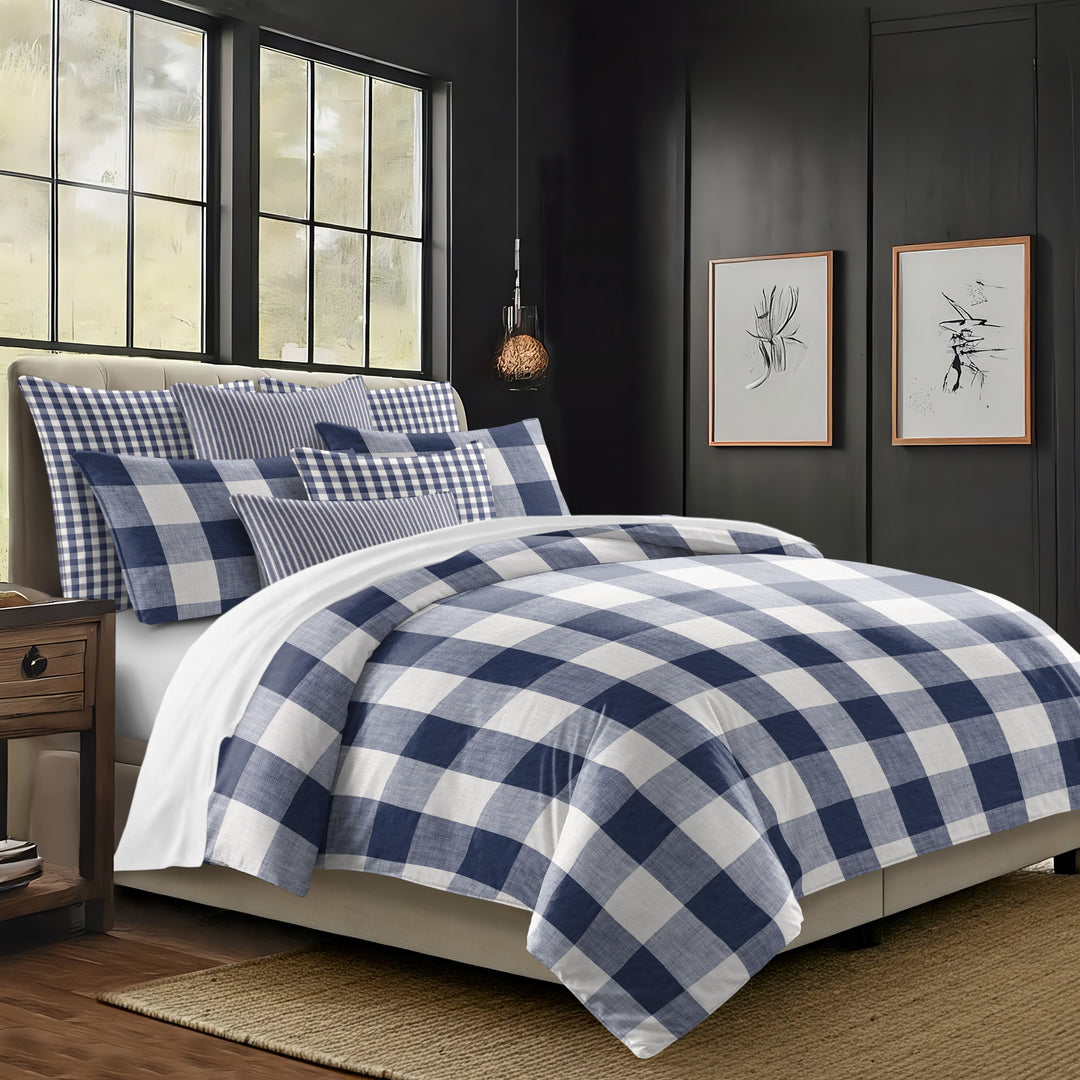 Walker Buffalo Reverse to Check Indigo/Ivory 8 Piece Duvet Cover Set Duvet Covers By Colcha Linens