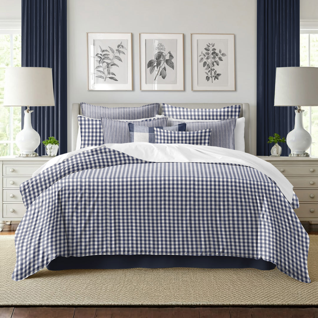 Walker Check Reverse to Stripe Indigo/Ivory 8 Piece Duvet Cover Set Duvet Covers By Colcha Linens