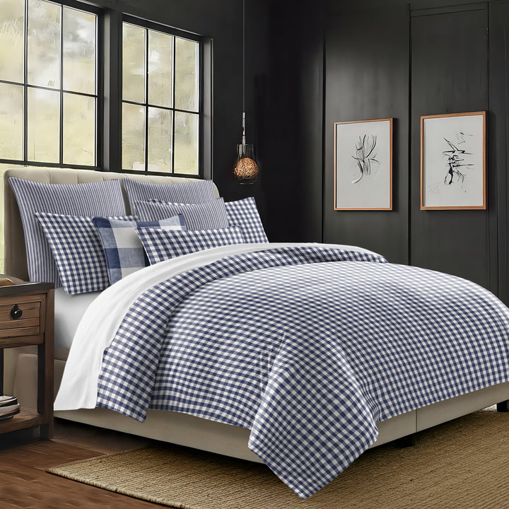 Walker Check Reverse to Stripe Indigo/Ivory 8 Piece Comforter Set Comforter Sets By Colcha Linens