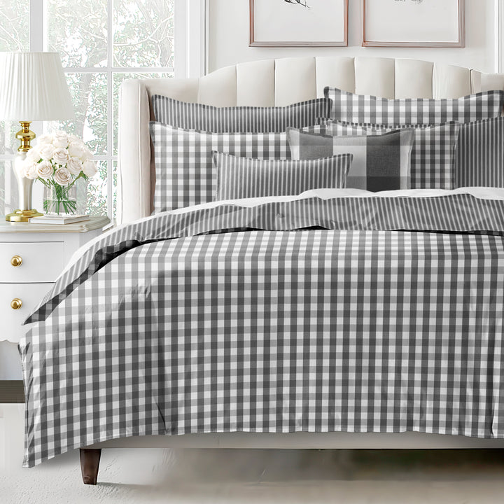 Walker Check Reverse to Stripe Iron/Ivory 8 Piece Duvet Cover Set Duvet Covers By Colcha Linens