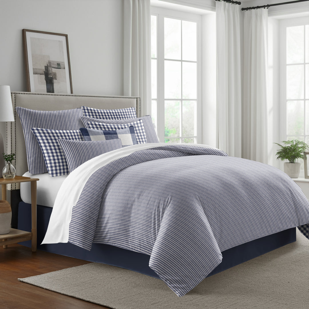 Walker Tic Stripe Reverse to Check Indigo/Ivory 8 Piece Duvet Cover Set Duvet Covers By Colcha Linens