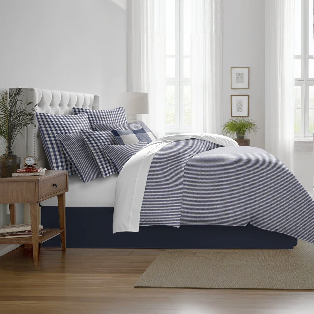 Walker Tic Stripe Reverse to Check Indigo/Ivory 8 Piece Coverlet Set Coverlet By Colcha Linens