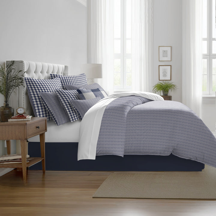 Walker Tic Stripe Reverse to Check Indigo/Ivory 8 Piece Coverlet Set Coverlet By Colcha Linens
