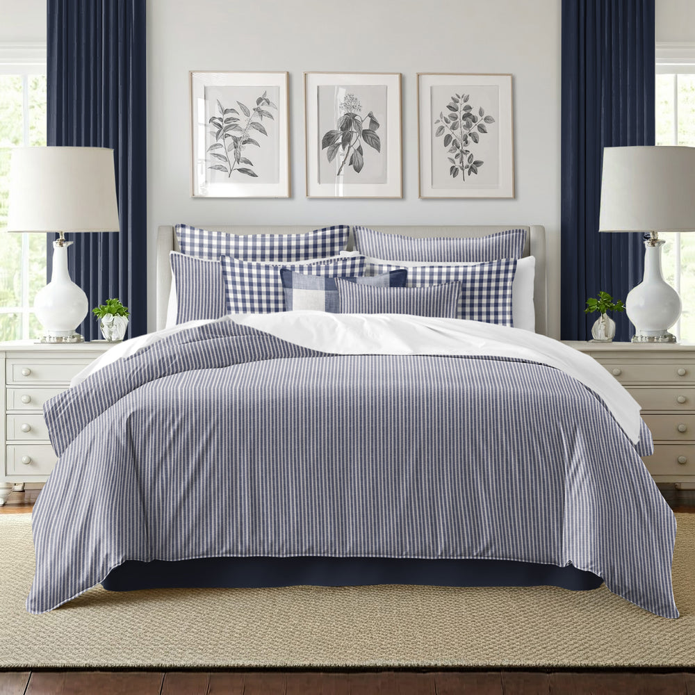 Walker Tic Stripe Reverse to Check Indigo/Ivory 8 Piece Coverlet Set Coverlet By Colcha Linens