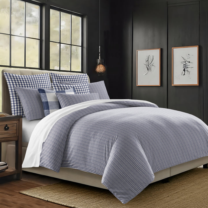 Walker Tic Stripe Reverse to Check Indigo/Ivory 8 Piece Coverlet Set Coverlet By Colcha Linens