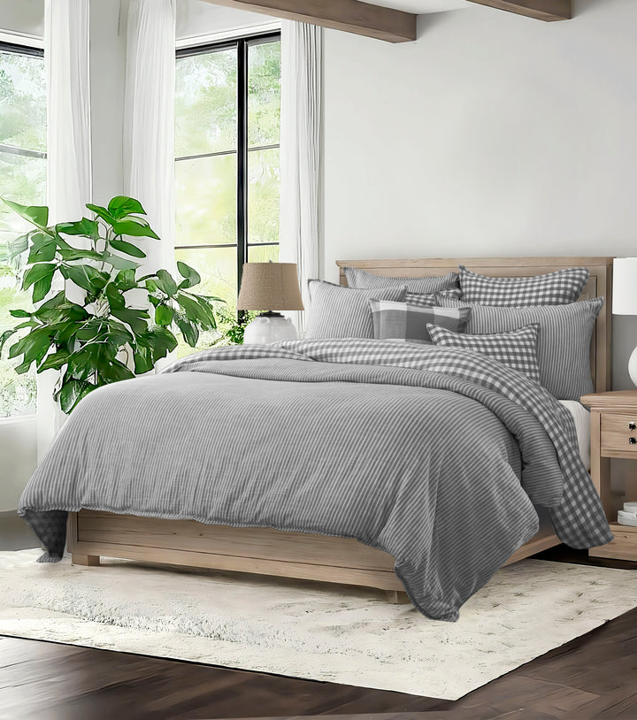 Walker Tic Stripe Reverse to Check Iron/Ivory 8 Piece Comforter Set Comforter Sets By Colcha Linens