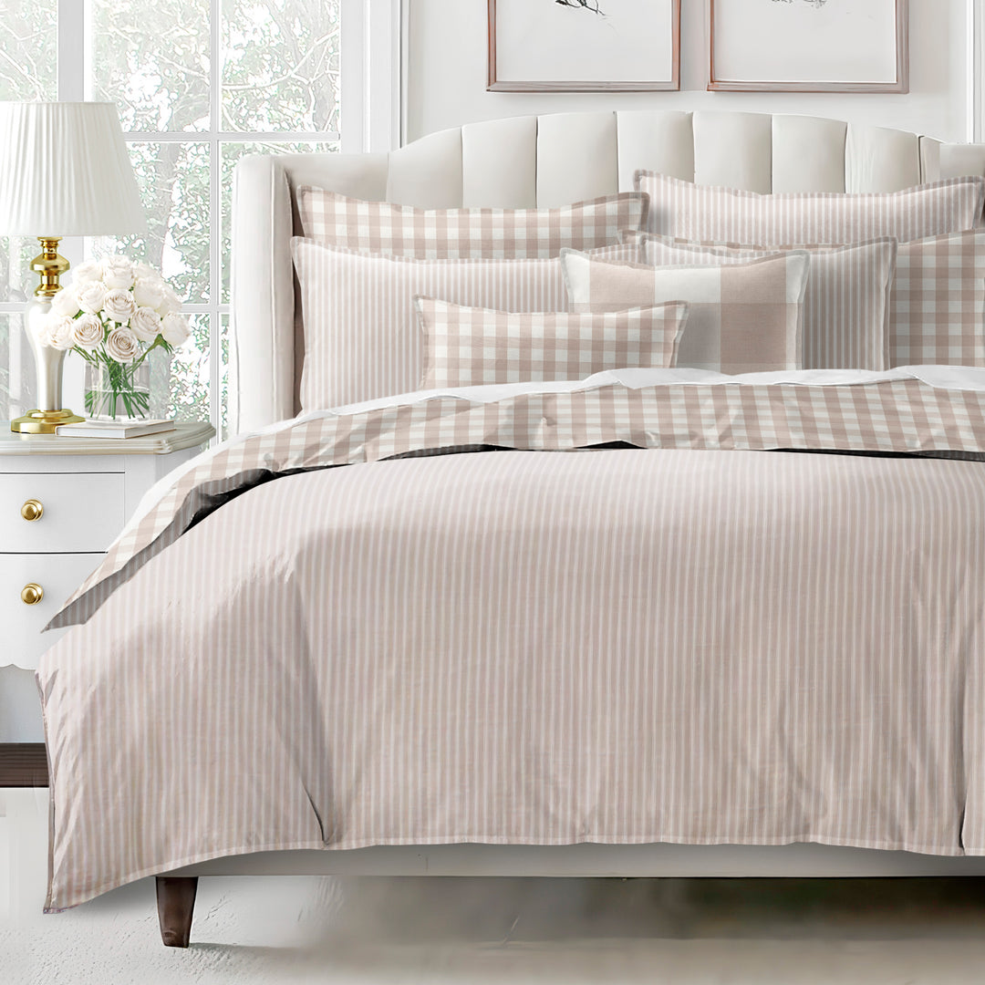 Walker Tic Stripe Reverse to Check Natural/Ivory 8 Piece Duvet Cover Set Duvet Covers By Colcha Linens