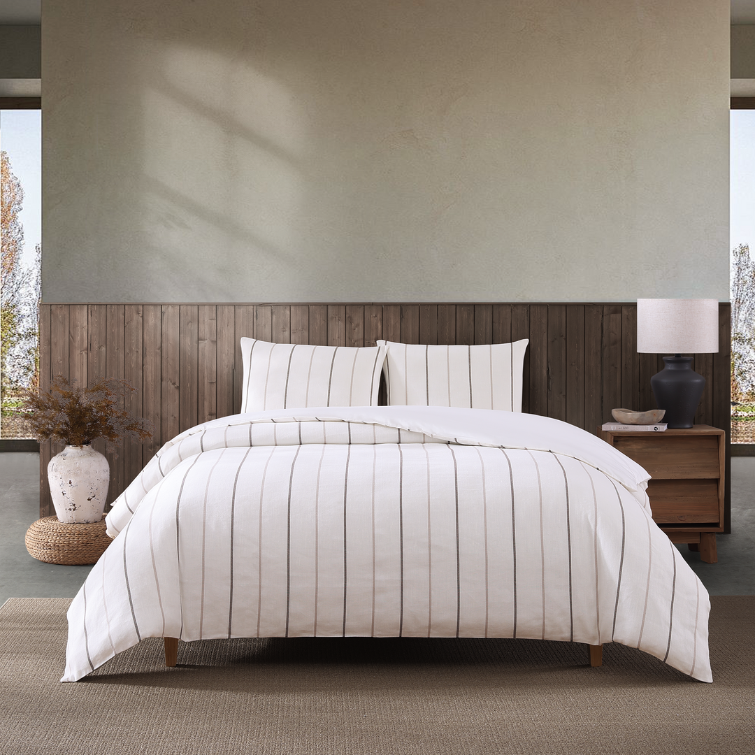 Natural Pinstripe Linen 3 Piece Duvet Cover Set Duvet Covers By Pure Parima