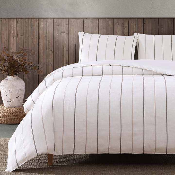 Natural Pinstripe Linen 3 Piece Duvet Cover Set Duvet Covers By Pure Parima