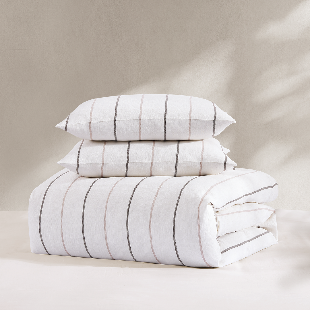 Natural Pinstripe Linen 3 Piece Duvet Cover Set Duvet Covers By Pure Parima