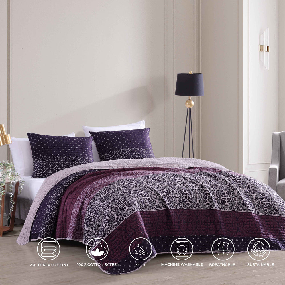 Bebejan Cordon Purple 100% Cotton 230 Thread Count 3-Piece Reversible Quilt Set Quilt Sets By Bebejan®