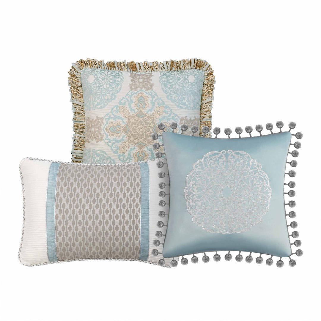 Jonet Cream/Aqua Decorative Throw Pillow Set of 3 Throw Pillows By Waterford