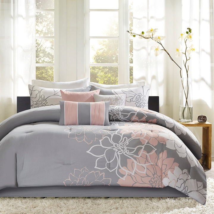 Lola Grey/Blush 7-Piece Comforter Set Comforter Sets By JLA HOME/Olliix (E & E Co., Ltd)