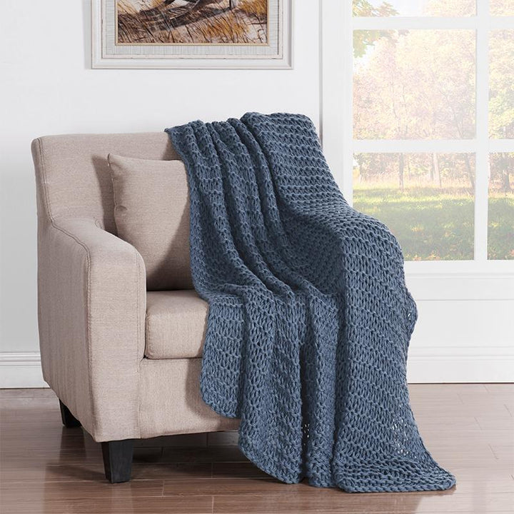 Luca Blue Chunky Knit Throw By J Queen Throws By J. Queen New York